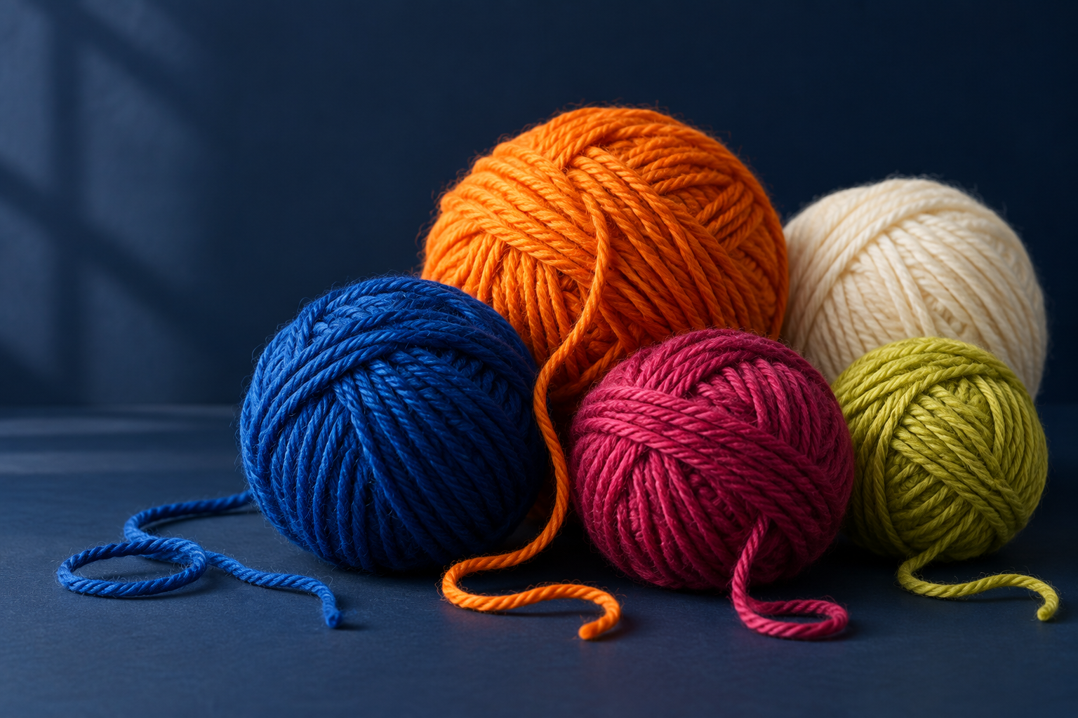 Colorful orange, blue, pink, cream, and green balls of yarn on a navy background